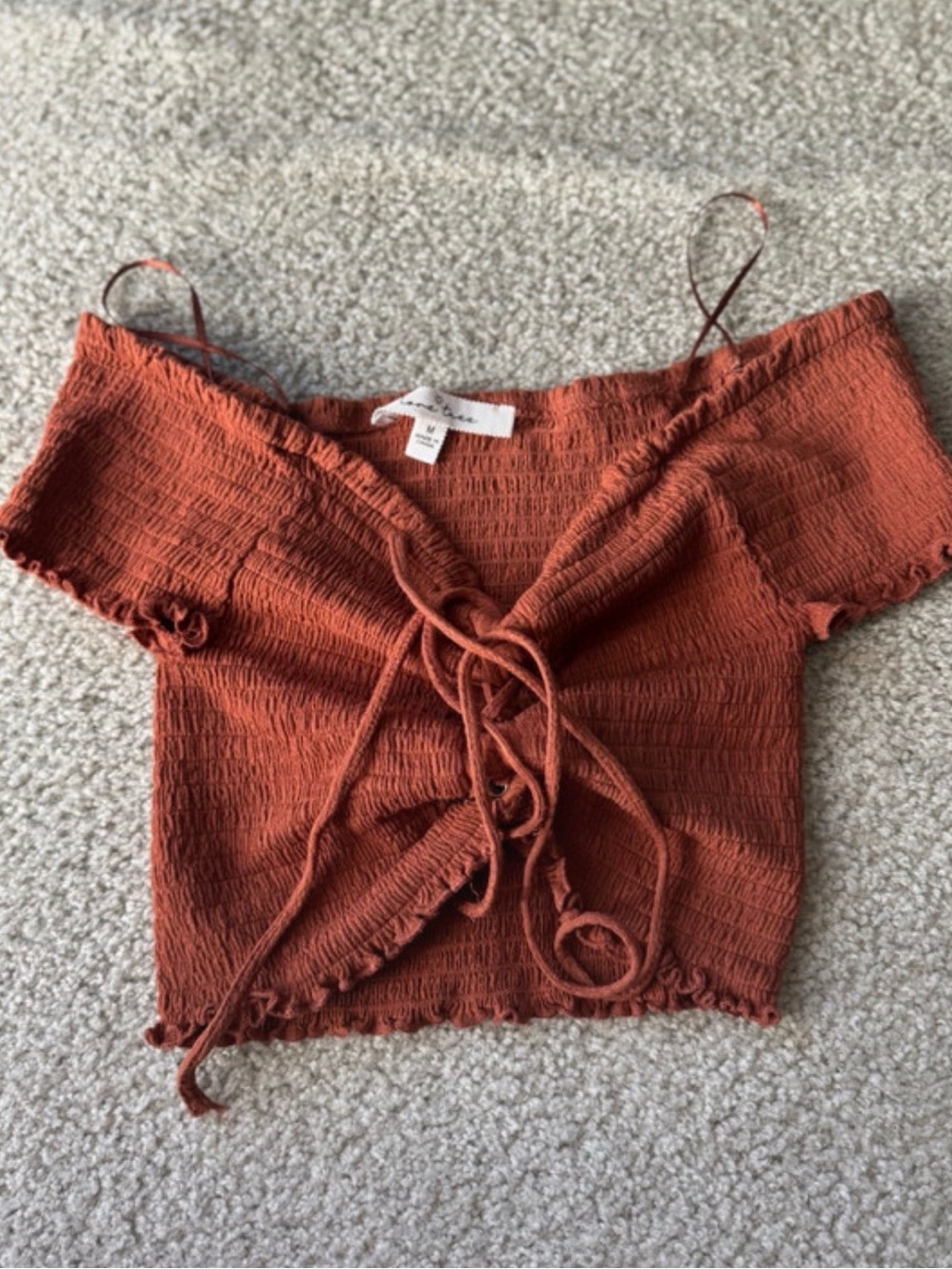 OOTDFash Rust Smocked Off-Shoulder Lace-Up Crop Top